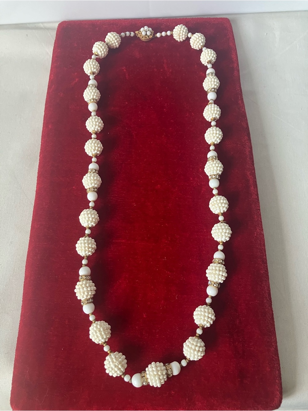 Miriam Haskell Signed Vintage White Raspberry Rhinestone Bead Necklace